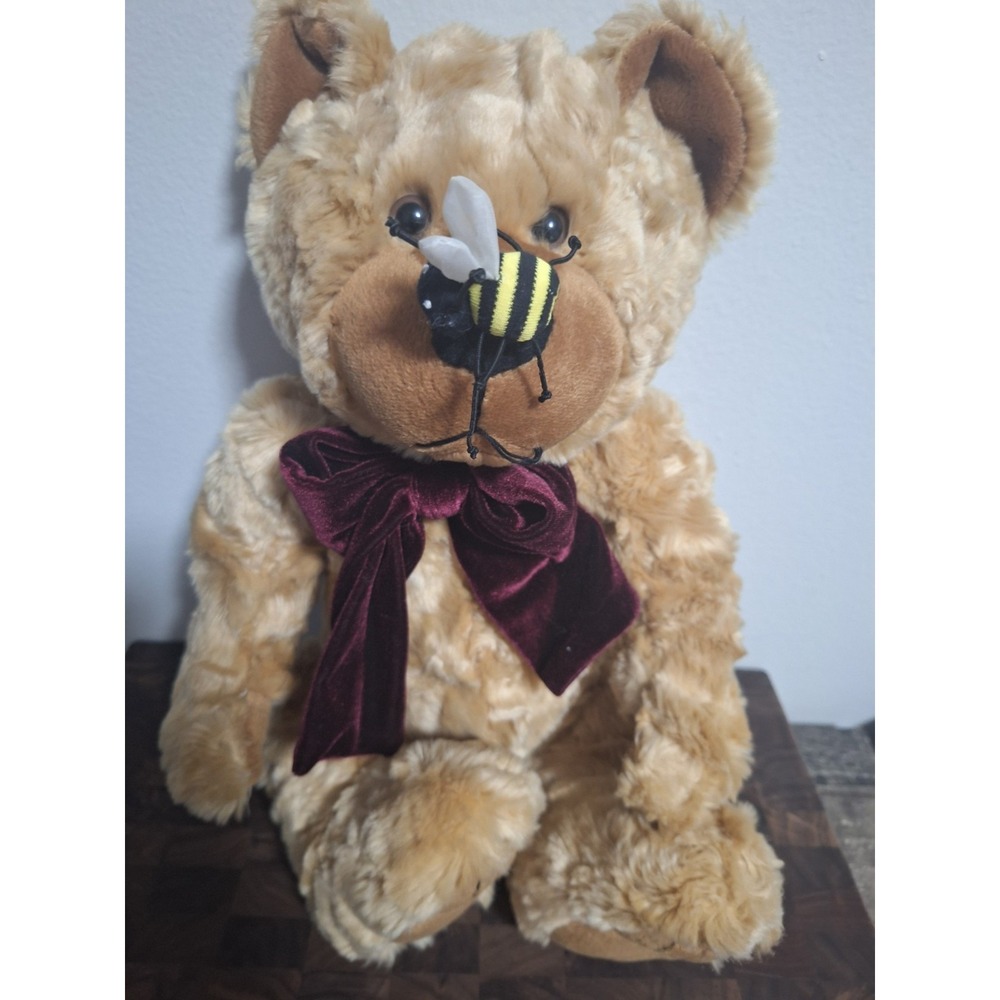 Chosun Teddy Bear Bumblebee on Nose Plush 14 Stuffed Animal Velvet Bow Tan